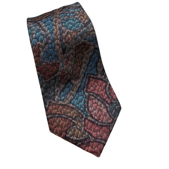 Vtg Oscar de la Renta Mens Necktie Tie Copper Turquoise Abstract Retro Designer - Picture 2 of 7